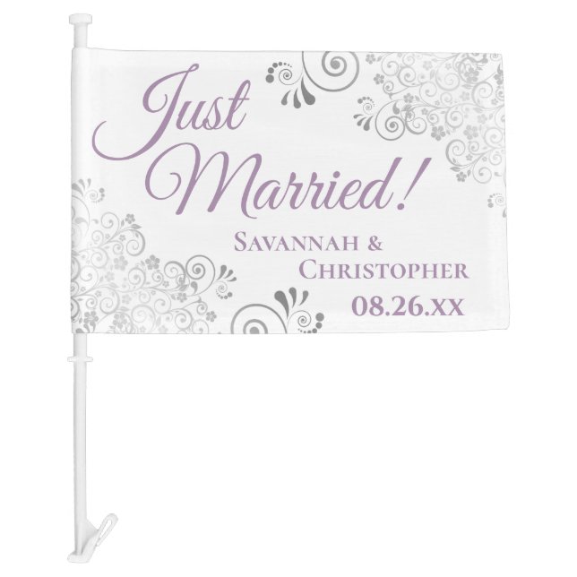 Just Married Lacy Silver Lavender White Newlyweds Car Flag (Front)