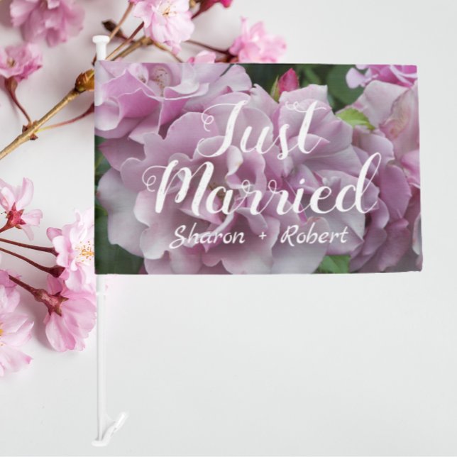 Just Married Lavender Rose Wedding Newlyweds Car Flag (In Situ Wedding)