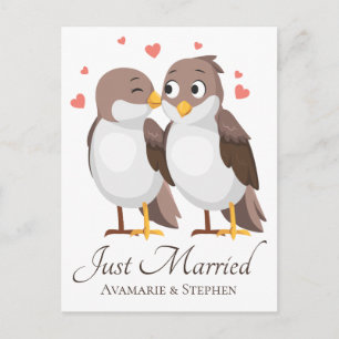 Just Married Lovebirds Brown & White Wedding Birds Announcement Postcard