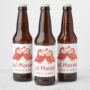 Just Married Lovebirds Red Burgundy Wedding Beer Bottle Label
