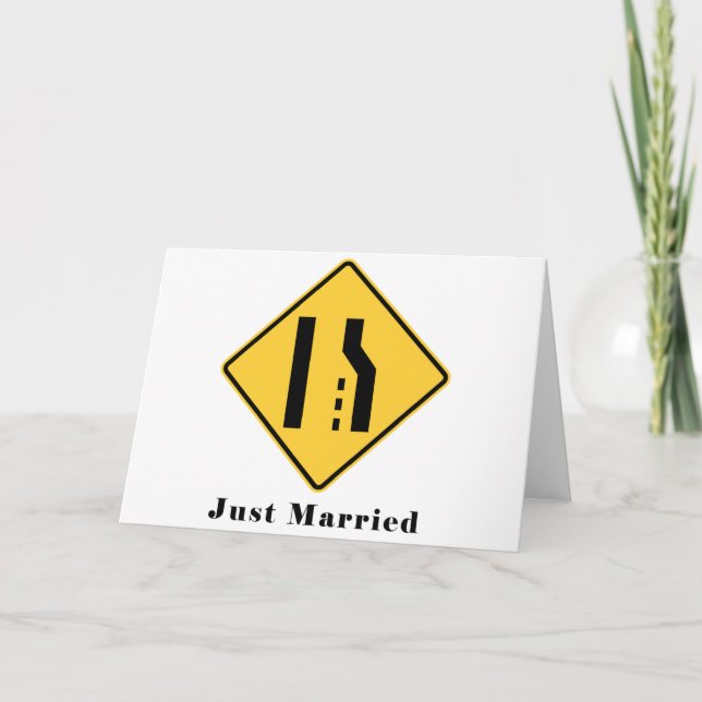 Just Married Merge Lane Reduction Funny Wedding Announcement (Front)