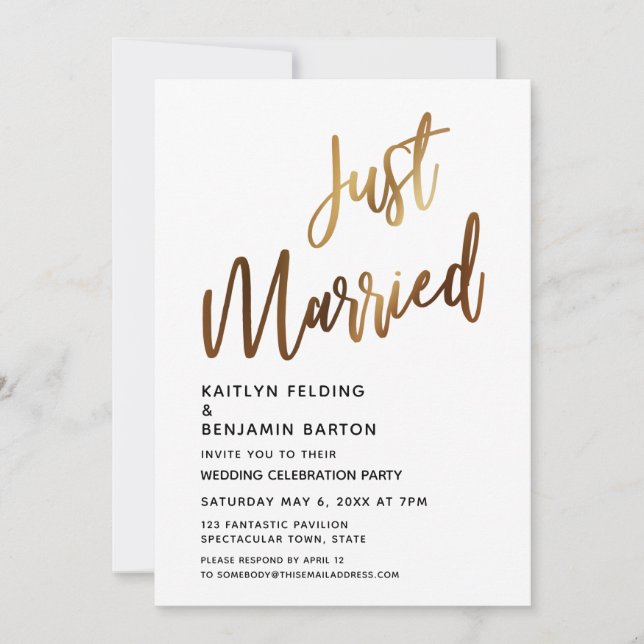 Just Married Minimal Gold Calligraphy Reception Invitation (Front)