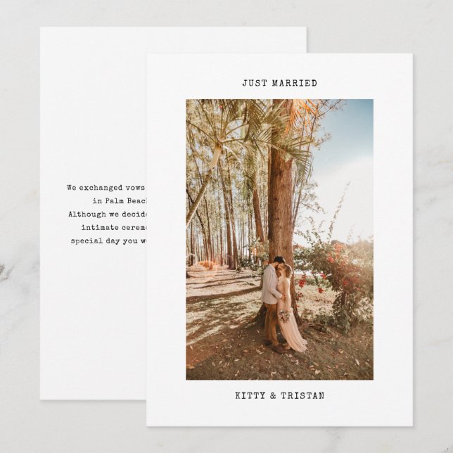 Just Married Minimal Typewriter Photo Elopement Announcement (Front/Back)