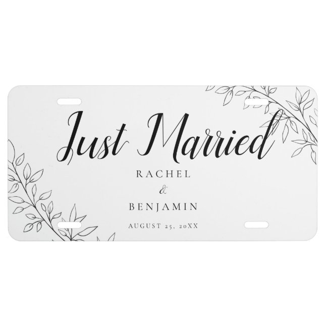 Just Married Minimalist Botanical Wedding Elegant License Plate (Front)