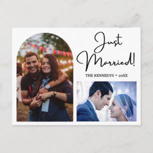 Just Married Modern Arch 2 Photo Collage Announcement Postcard