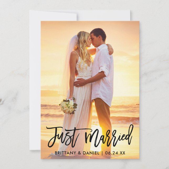 Just Married Modern Brush Script Photo Announcement (Front)