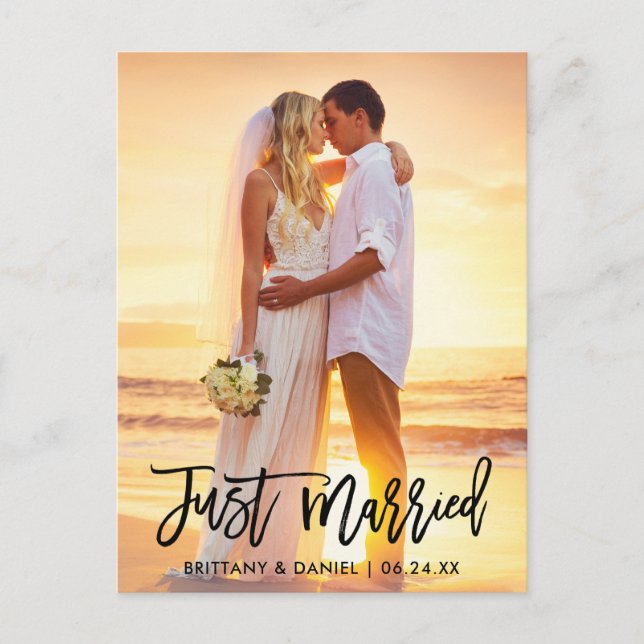 Just Married Modern Brush Script Photo Postcard (Front)