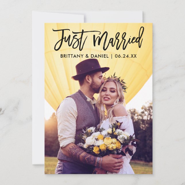 Just Married Modern Brush Script Photo Wedding Announcement (Front)