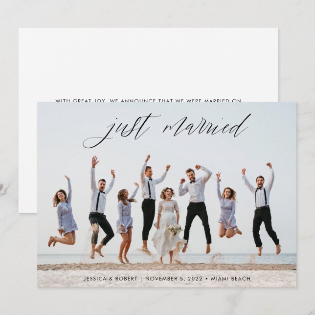 Just Married Modern Calligraphy Photo Wedding  Announcement (Front/Back)