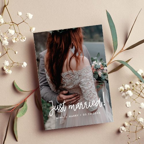 Just married Modern calligraphy wedding photo card