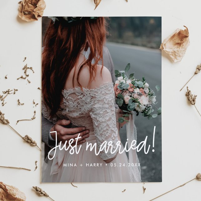 Just married Modern calligraphy wedding photo Postcard (Creator Uploaded)