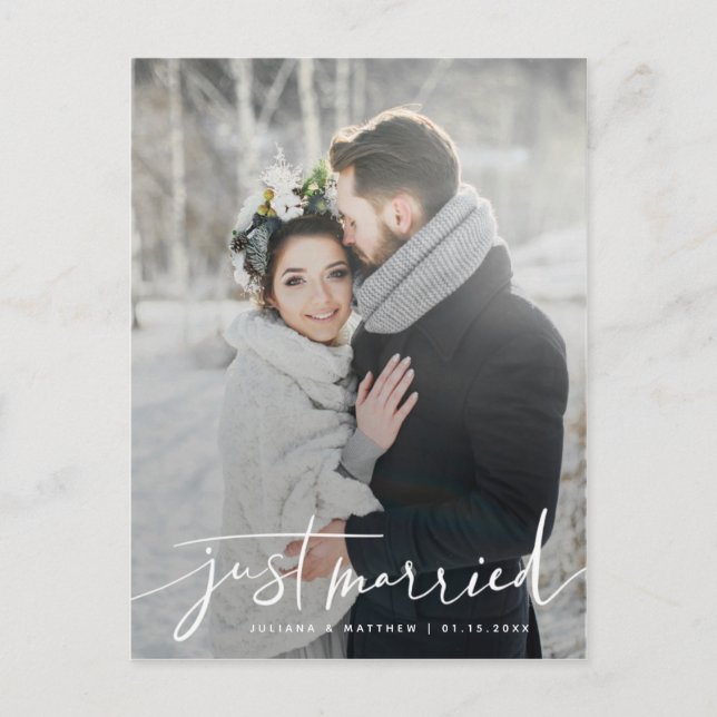 Just Married Modern Casual Script Wedding Announcement Postcard (Front)