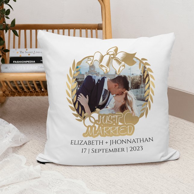 Just Married Modern Gold Newlyweds Weddings Photo  Throw Pillow (Creator Uploaded)