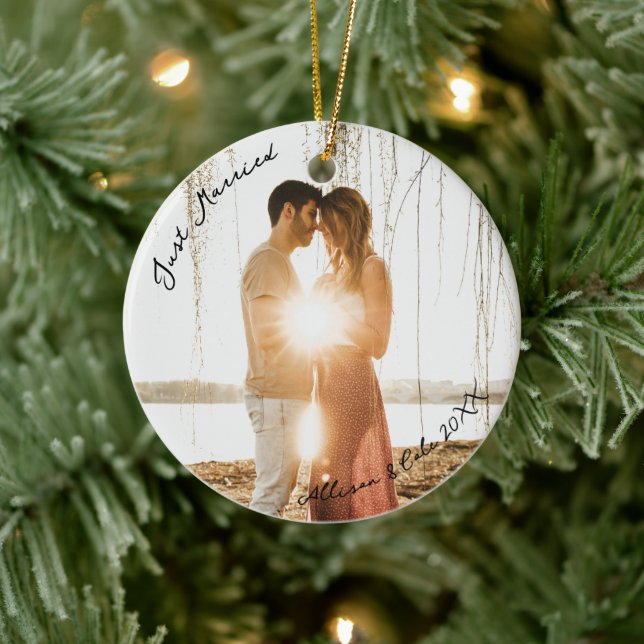 Just Married Modern Minimalist Couples Wedding Ceramic Ornament (Tree)