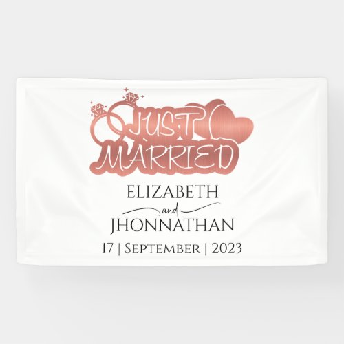 Just Married Modern Rose Gold Foil heart Couple Banner