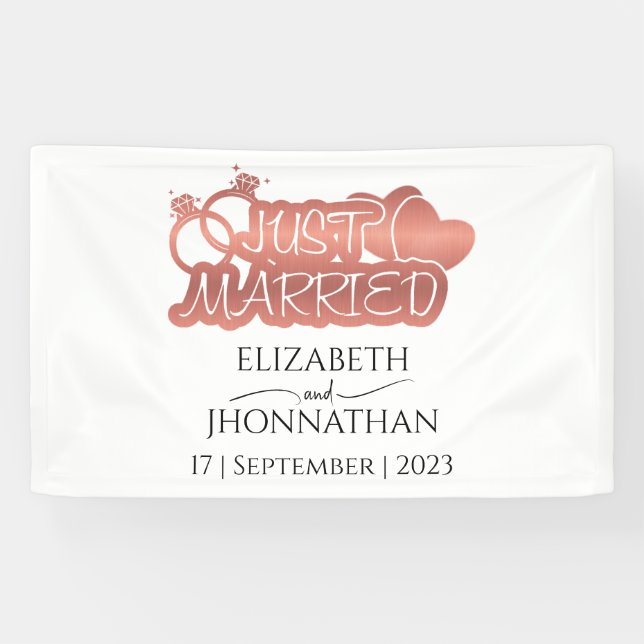 Just Married Modern Rose Gold Foil heart Couple Banner (Horizontal)
