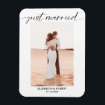 Just Married Modern Script Photo Minimal Wedding A Magnet<br><div class="desc">Simple and elegant minimalist "Just Married" wedding announcement magnetic card. Edit this to add your own photo.</div>