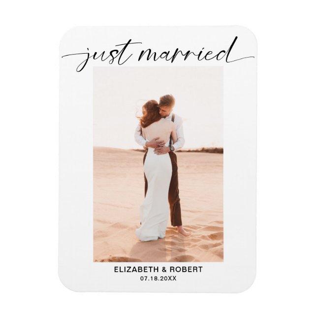 Just Married Modern Script Photo Minimal Wedding A Magnet (Vertical)