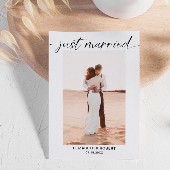 Just Married Modern Script Photo Minimal Wedding Announcement (Creator Uploaded)