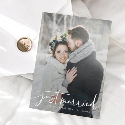 Wedding announcements - Pink Dramatic personalized gifts for you Just married modern script wedding photo announcement