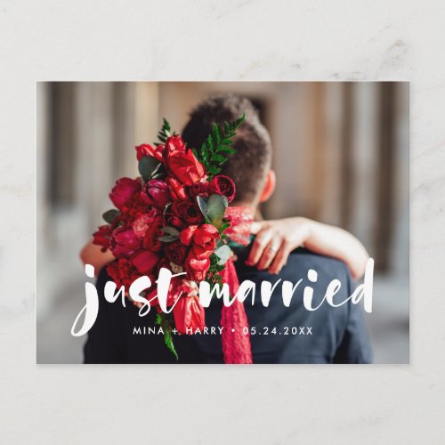 Just married Modern script wedding photo Postcard