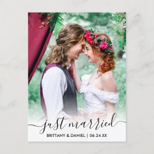 Just Married Modern Trendy Script Overlay Postcard