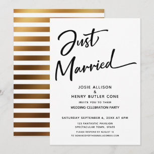 Just Married Modern Wedding Reception Gold Stripes Invitation