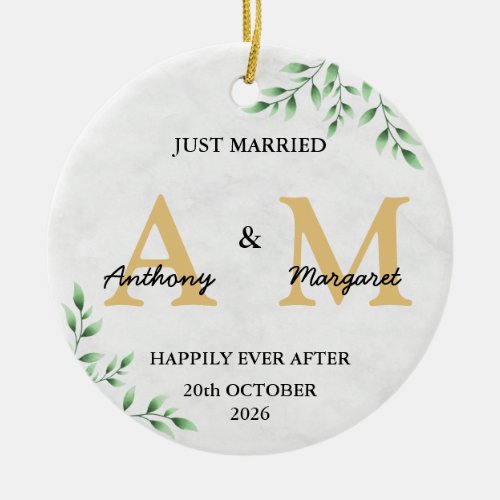 Just Married Monogram Names Mr  Mrs 2023 Ceramic Ornament