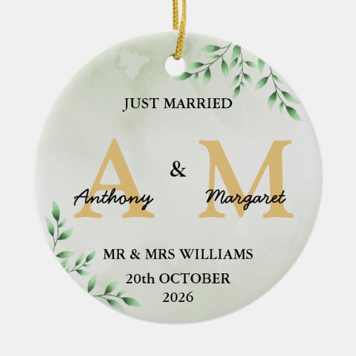 Just Married Monogram Names Mr  Mrs 2023 Ceramic Ornament