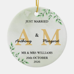 Just Married Monogram Names Mr & Mrs 2024 Ceramic Ornament