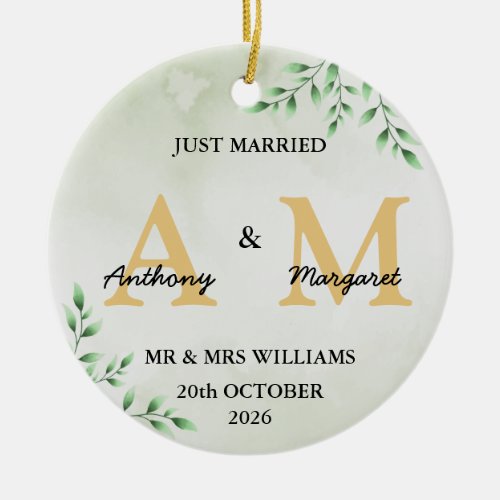 Just Married Monogram Names Mr  Mrs 2024 Ceramic Ornament