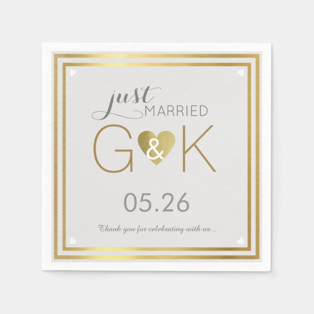 Just Married + Monogram . Wedding reception nice Paper Napkins (Front)