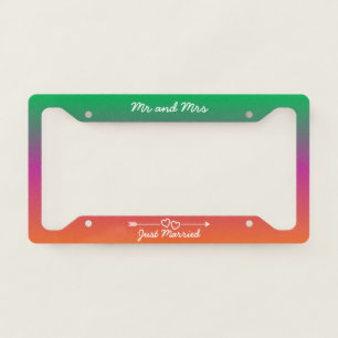 Just Married Mr and Mrs Love Hearts Arrow Rainbow License Plate Frame