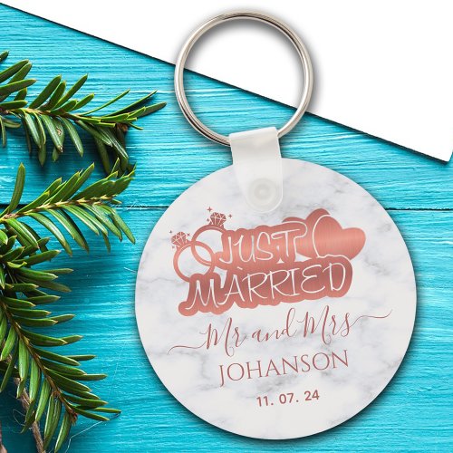 Just Married Mr and Mrs Rose Gold White Marble Keychain