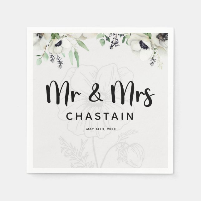 Just Married Mr. & Mrs. | Wedding Floral Monogram  Napkins (Front)