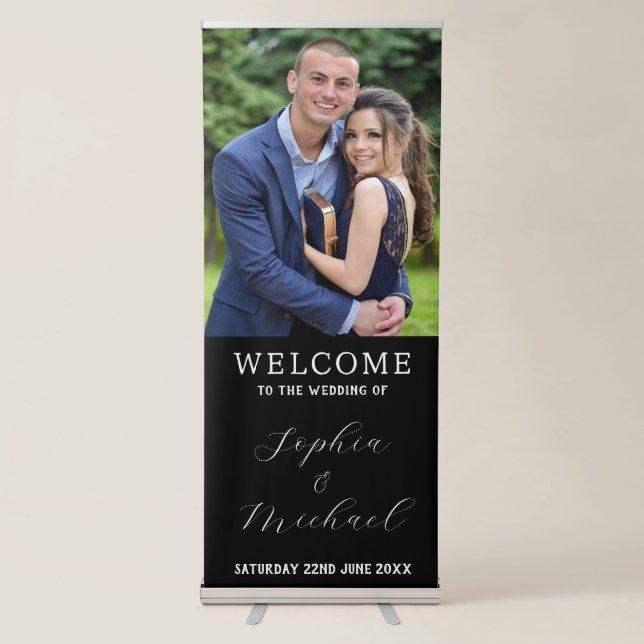 Just Married Name And Photo Wedding Welcome Retractable Banner (Front)
