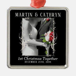 Just Married Name with Year 1st Christmas Metal Ornament
