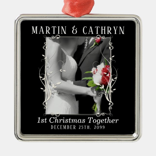 Just Married Name with Year 1st Christmas Metal Ornament (Front)