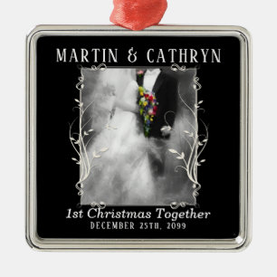 Just Married Name with Year 1st Christmas Metal Ornament