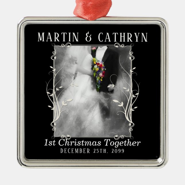 Just Married Name with Year 1st Christmas Metal Ornament (Front)