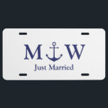 Just married nautical anchor navy blue monogram license plate<br><div class="desc">Wedding Just married nautical anchor navy blue monogram License Plate
Minimalist elegant design
customizable text
check the rest of the collection for favors,  gift tags,  stickers,  seals,  labels,  party supplies,  gift bags,  gift boxes,  cards,  etc
great for seaside ocean beach coastal style Weddings</div>