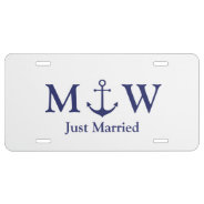 Just Married Nautical Anchor Navy Blue Monogram License Plate at Zazzle
