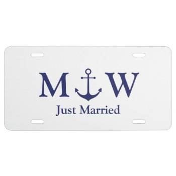 Just Married Nautical Anchor Navy Blue Monogram License Plate by brightonprojects at Zazzle