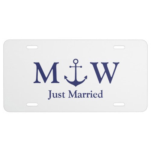 Just married nautical anchor navy blue monogram license plate