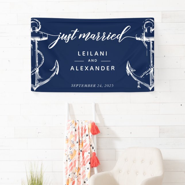 Just Married Nautical Anchor Wedding Banner (Insitu)
