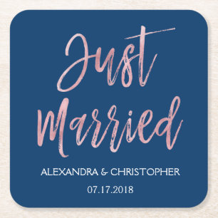 Just Married Navy Blue and Rose Gold Foil Coasters