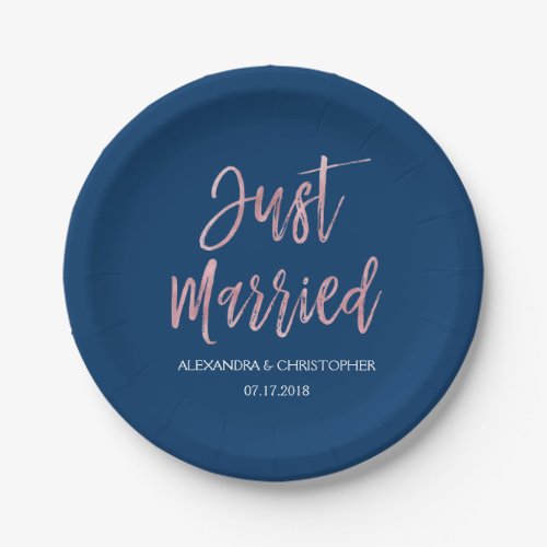 Just Married Navy Blue and Rose Gold Foil Paper Plates