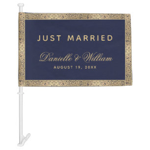 Just Married Navy Blue Gold Script Elegant Vintage Car Flag