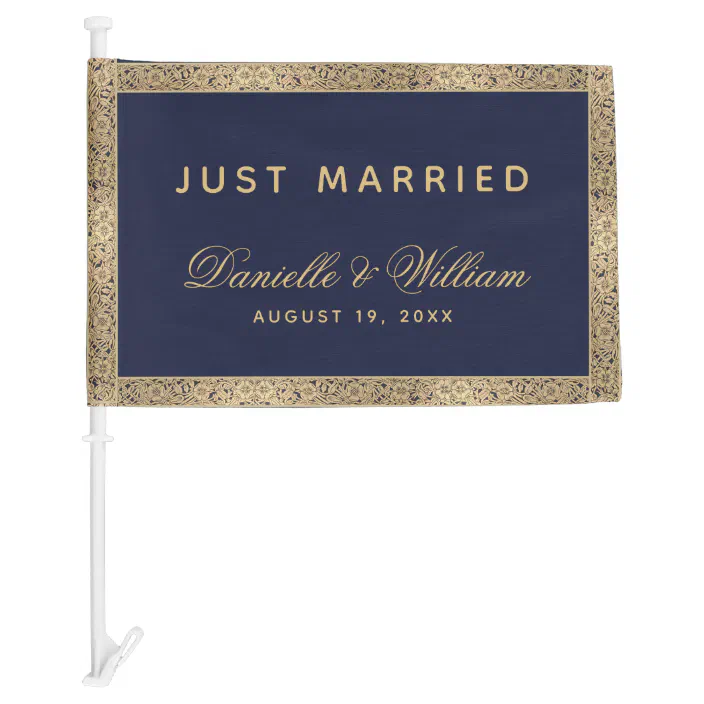 Just Married Navy Blue Gold Script Elegant Vintage Car Flag Zazzle Com