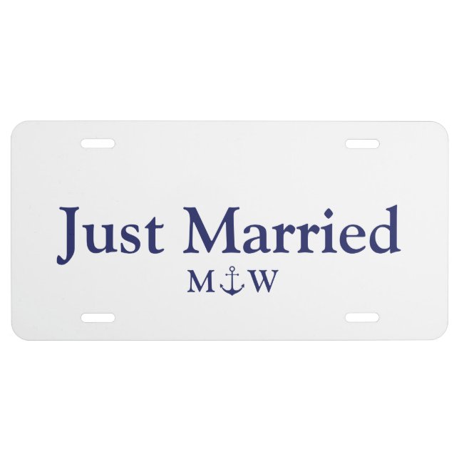 Just married navy blue nautical anchor monogram license plate (Front)